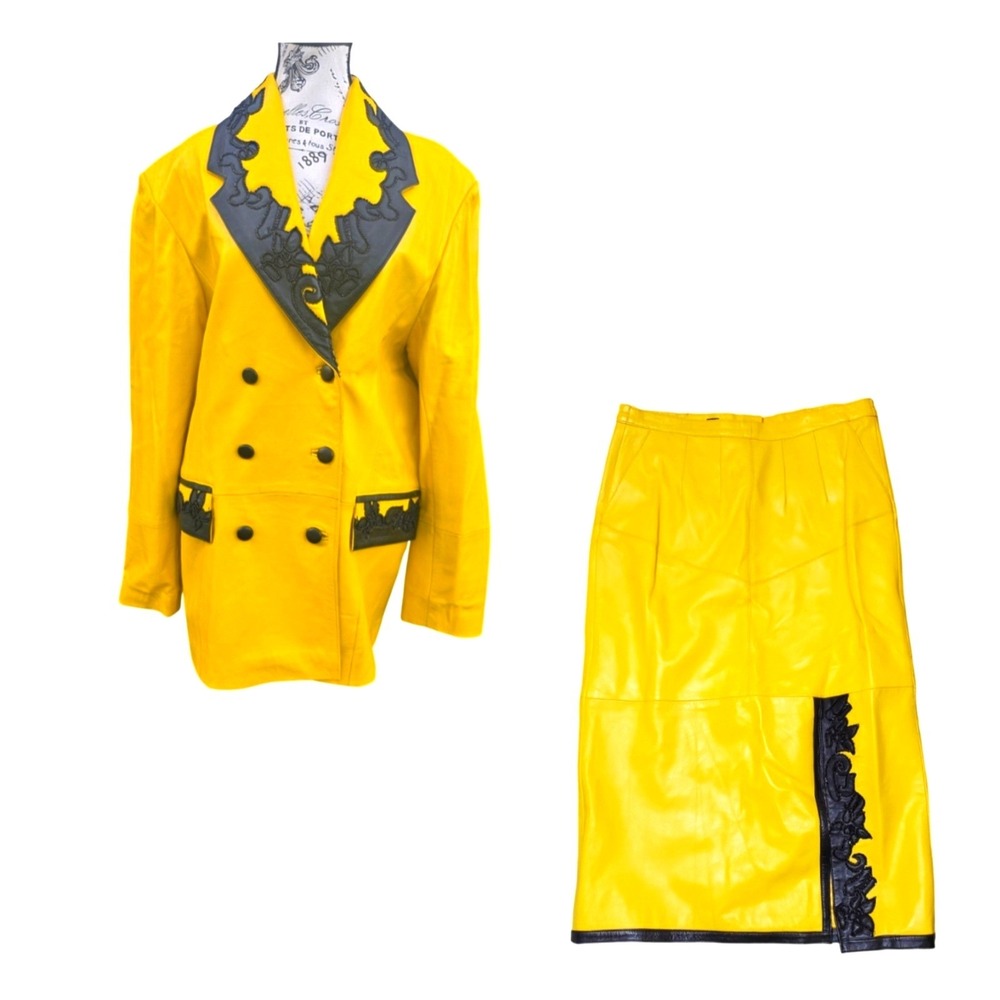 Vintage Leather 9000 Yellow Black Leather Blazer Skirt Set 2XL Italian Applique